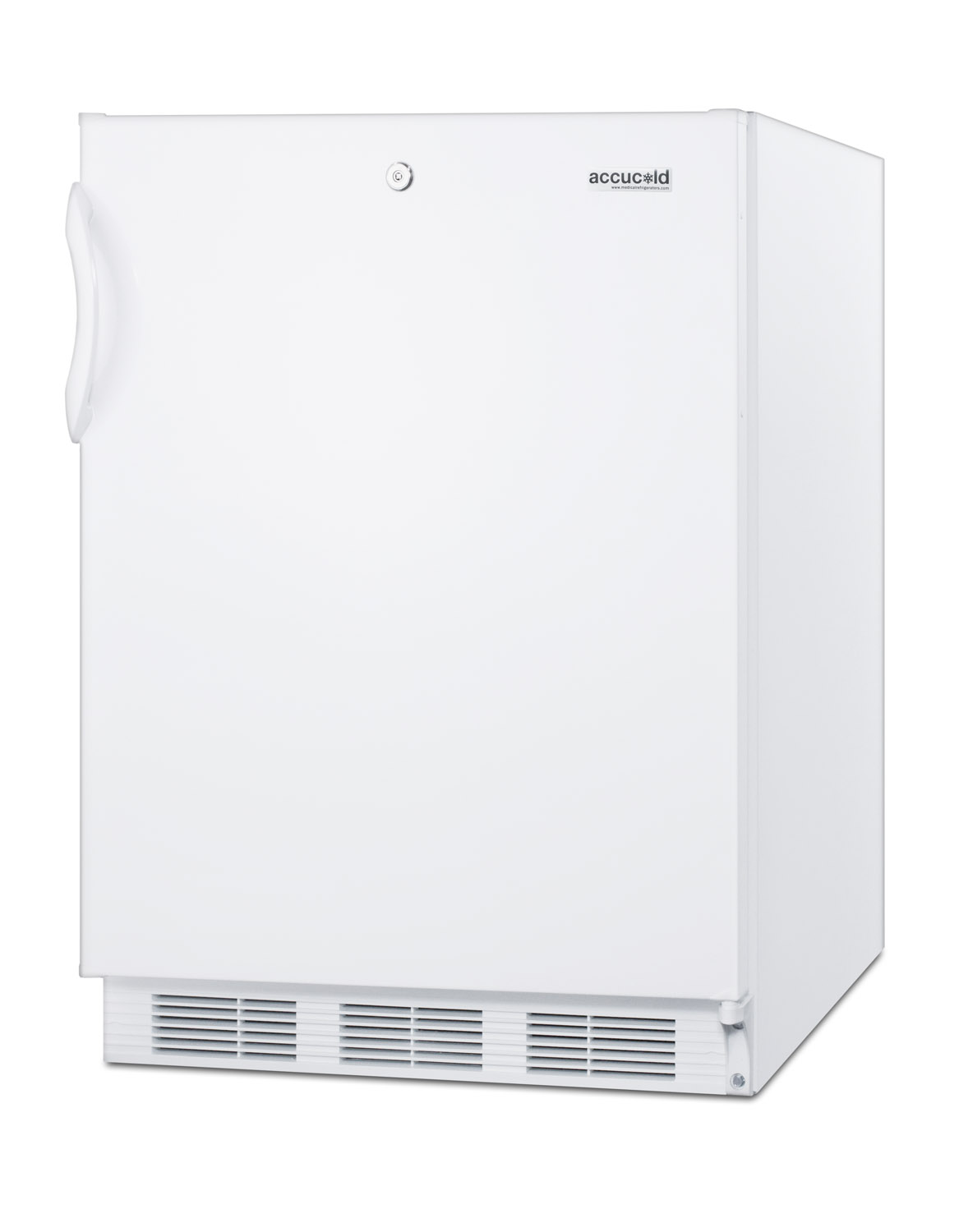 ADA compliant all-refrigerator for freestanding general purpose use, with lock, flat door liner, auto defrost operation and white exterior